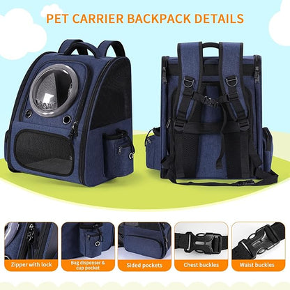 Extension Cat Carrier Backpack with Transparent Bubble Window,Dogs Backpack Carrier with Breathable Mesh Travel Bag, Portable Space Capsule Design with Foldable for Pets (Blue)