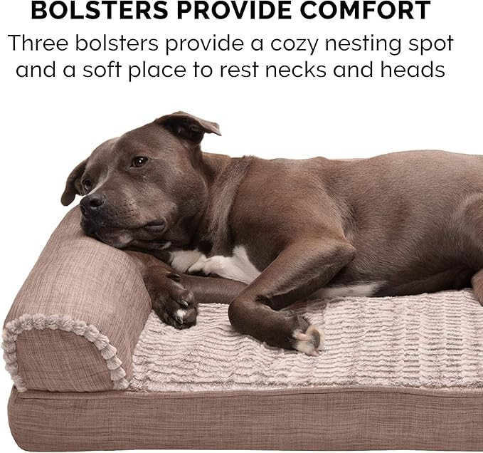 Furhaven Cooling Gel Dog Bed for Large Dogs w/ Removable Bolsters & Washable Cover, For Dogs Up to 95 lbs - Luxe Faux Fur & Performance Linen Sofa - Woodsmoke, Jumbo/XL