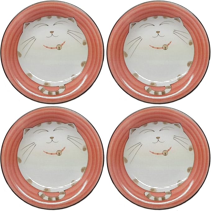 JapanBargain 2476, Set of 4 Japanese Porcelain Plates for Appetizer Dessert Cake Snack, Maneki Neko Smiling Lucky Cat Pattern for Cat Lovers, Cat Dinner Plates, Made in Japan, 6.5-inch, Pink