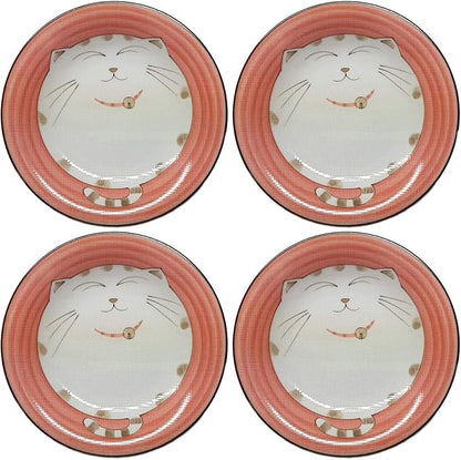 JapanBargain 2476, Set of 4 Japanese Porcelain Plates for Appetizer Dessert Cake Snack, Maneki Neko Smiling Lucky Cat Pattern for Cat Lovers, Cat Dinner Plates, Made in Japan, 6.5-inch, Pink