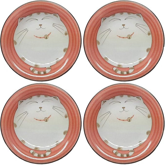 JapanBargain 2476, Set of 4 Japanese Porcelain Plates for Appetizer Dessert Cake Snack, Maneki Neko Smiling Lucky Cat Pattern for Cat Lovers, Cat Dinner Plates, Made in Japan, 6.5-inch, Pink