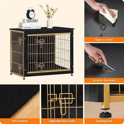 DWANTON Dog Crate Furniture with Cushion, Wooden Kennel Table with Double Doors, Indoor Dog House, Medium Size, 32.5" L, Black+Gold