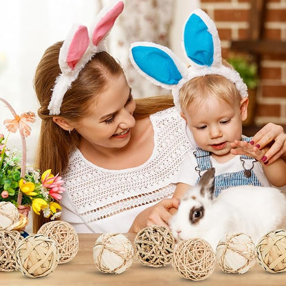 8 Pack Small Pet Chew Toys - 7cm Natural Woven Balls for Rabbits, Guinea Pigs, Hamsters (2 Seagrass, 2 Rattan, 2 Corn Husk, 2 Seaweed Rope) - Safe Dental Grinding Toys