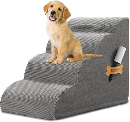 Dog Stairs, Romrol Dog Steps Ramp for High Bed and Couch, Dogs Ramp with Durable Non-Slip Waterproof Fabric Cover, Pet Stairs for Small Dogs and Cats or Pets Joints, 4-Tiers,Grey