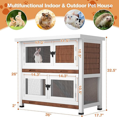 2 Story Rabbit Hutch, Indoor Outdoor Bunny Hutch Solid Wood Rabbit Cage with Removable Trays, Waterproof Asphalt Roofs and Ventilation Door, Small Animal House for Rabbit Guinea Pig Ferret, Walnut