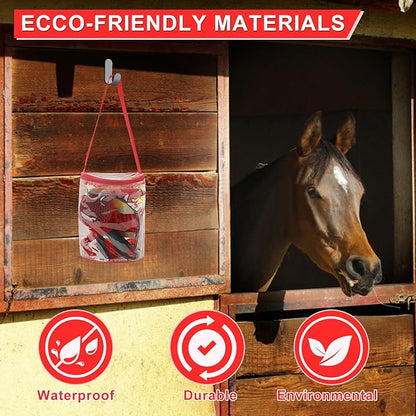 9 Pieces Grooming Kit with Tote Bag - Brush Set, Sweat Scraper, Sponge, Hoof Pick, Curry Comb for Horse Riders and Beginners (Red)