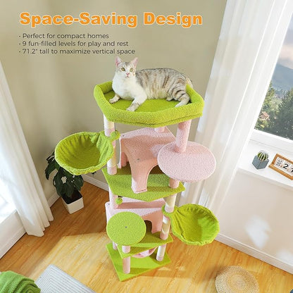 71.2" Large Cat Tree for Multi-Cat Households - Heavy-Duty 9-Level Cat Tower w/5 Sisal Scratching Posts, 2 Condos, 3 Hammocks, Extra-Large Perch & Pompoms - Space-Saving, Pink