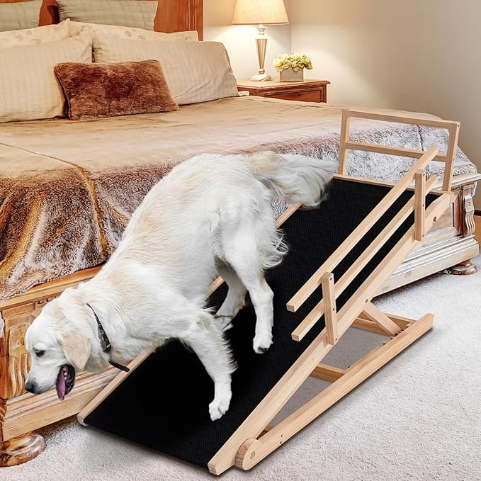 Dog Ramp for Bed, Adjustable Pet Ramps for Dog to Get on Bed, Non-Slip Rubber Surface - Folding Wooden Dog Ramp for Small/Large/Old Dogs, Adjustable up to 27.5 inch High Beds, Safety Railings