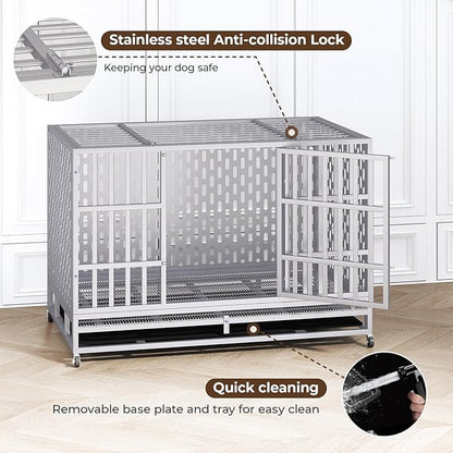 48 Inch Heavy Duty Indestructible Dog Crate Steel Escape Proof, Indoor Double Door High Anxiety Cage, Kennel with Wheels, Removable Tray,Silver,Extra Large XL XXL