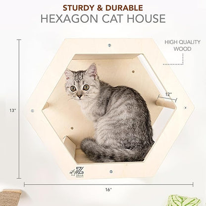 3-Piece Cat Wall Furniture Set - Hammock, Hexagon House, Climbing Steps - Wall Mounted Shelves, Perches, and Beds - Modern Design for Large Cats and Kittens & Spare Hammock Fabric Included
