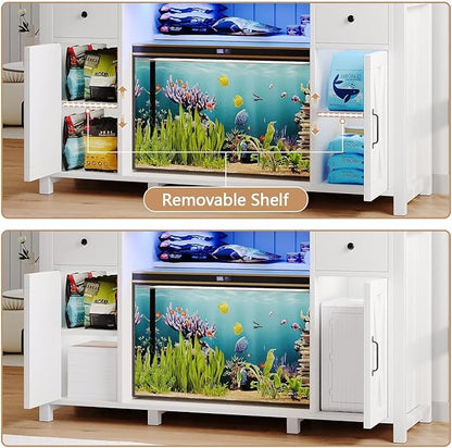 75 Gallon Fish Tank Stand with LED Light & Power Outlets, 55-75 Gallon Aquarium Stand with 2 Drawers & 2 Barn Doors, 52" L x 20" W Cabinet for 2 Fish Tank Accessories Storage, Turtle Tank, White