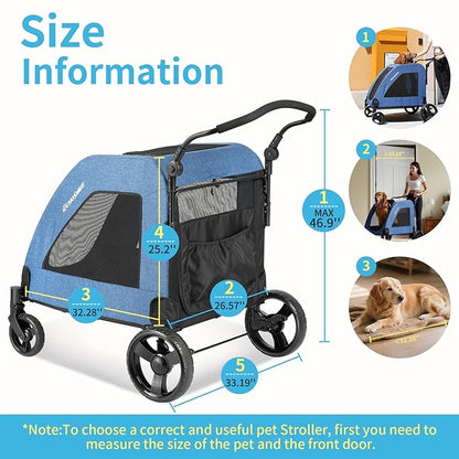 EchoSmile Heavy-Duty Large Dog Stroller with Shock-Absorbing Wheels, Foldable Pet Travel Carrier for Medium & Large Dogs, 5 Mesh Windows, 160 lbs Capacity, Easy Assembly & Storage