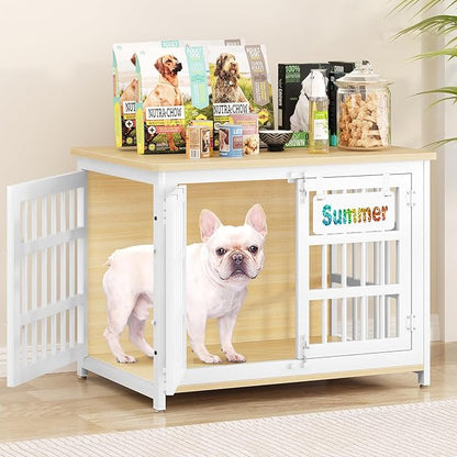 EasyCom 33" Dog Crate Furniture with Name Tag, Heavy Duty Dog Kennel Indoor for Medium and Small Dogs, Double-Doors Sturdy Metal Dog Cage, Decorate House as TV Stand, End Table, Bedside Table