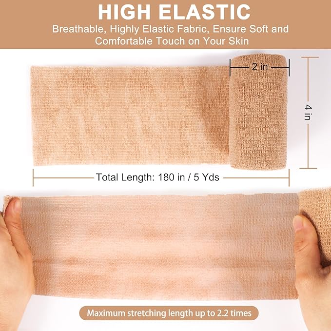 24 Pack Self Adhesive Bandage Wrap, 4” x 5 Yards Cohesive Medical Tape Elastic Wrap for Sports, Ankle, Wrist Sprains, Pet First Aid