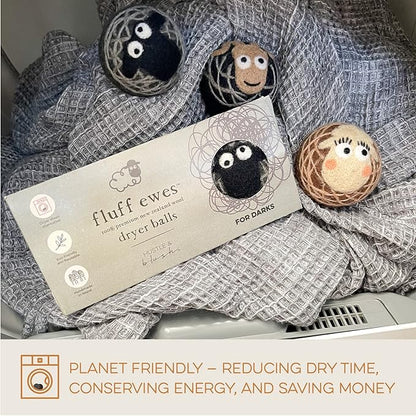 Fluff Ewes Wool Dryer Balls 3 Pack Premium New Zealand Wool Laundry Balls for Dryer, No Static Dryer Balls Laundry Reusable Cute - XL Wool Dryer Balls Cute, Baby Dryer Balls for Dryers - Darks
