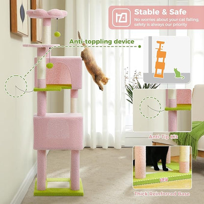 Flower Cat Tree, 62-Inch Large Cat Tower for Multi-Cat Households w/Scratching Posts, Multi-Level Cat Condo w/Cozy Top Perch & Scratching Pad, Padded Platform, 2 Pompoms, Pink