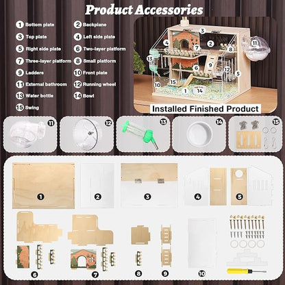 11 in 1 Wooden Hamster Cage with All Accessories, 15.8 Inch 3-Layer Dwarf Hamster Cage Acrylic,Small Animal Cages, Pastoral Style Mouse Cage for Pet Mice, Hedgehog, with Stairs, Fences and Swing