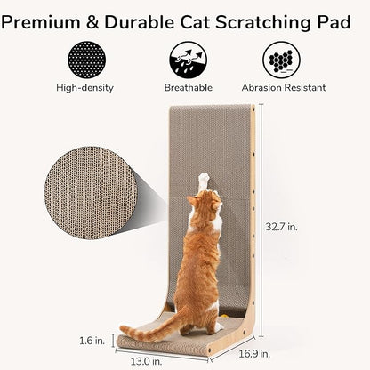 FUKUMARU Cat Scratcher, 32.7 Inch L Shape Cat Scratch Pad Wall Mounted, Cat Scratching Cardboard with Ball Toy for Indoor Cats, Extra Large