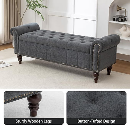 58’’ Storage Bench for Bedroom, Upholstered Button-Tufted Ottoman with Solid Wood Legs, Large End of Bed Shoe Cabinet, Window Seat Foot Rest Stool for Entryway, Closet, and Living Room (Dimgray)
