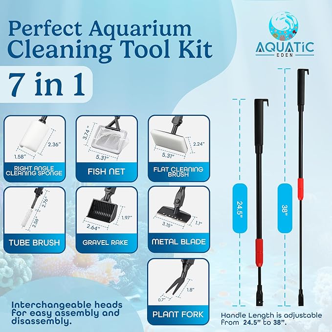 Aquarium Cleaning Tools 7 in 1 - Fish Tank Cleaning Kit with Algae Scraper, Scrubber Pad, Adjustable Telescopic Long Handle, Fish Net, Gravel Rake, Fork & Brush - Saltwater & Freshwater Tank