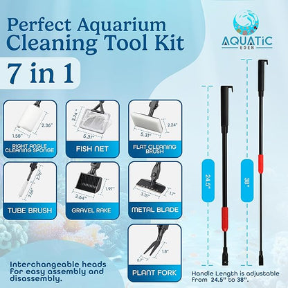 Aquarium Cleaning Tools 7 in 1 - Fish Tank Cleaning Kit with Algae Scraper, Scrubber Pad, Adjustable Telescopic Long Handle, Fish Net, Gravel Rake, Fork & Brush - Saltwater & Freshwater Tank