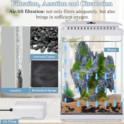 FEDOUR Small Glass Aquarium, 1 Gallon Desktop Fish Tank, Betta Fish Tank, Mini Aquarium Starter Kit with Air Pump LED Light Decoration Water Changer Fish Net (White)