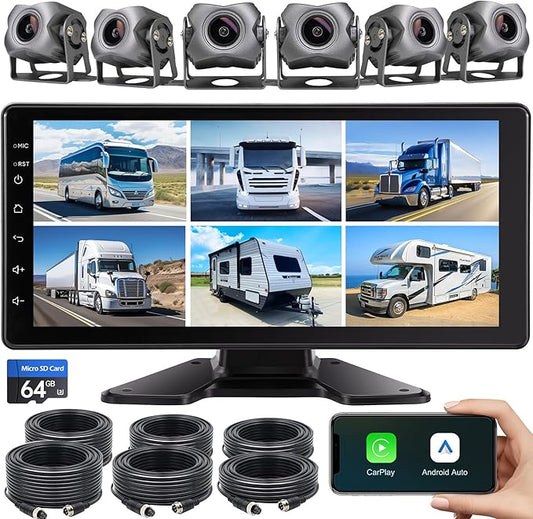 6-Channel 1080P Dash Cam Backup Camera System with 10.33 Inch Touch Screen Parking Monitor, Back Up Camera Car Radio for RV/Truck/Trailer/Van/SUV/Cars,Wireless Carplay/Android Auto/WiFi/Bluetooth/FM