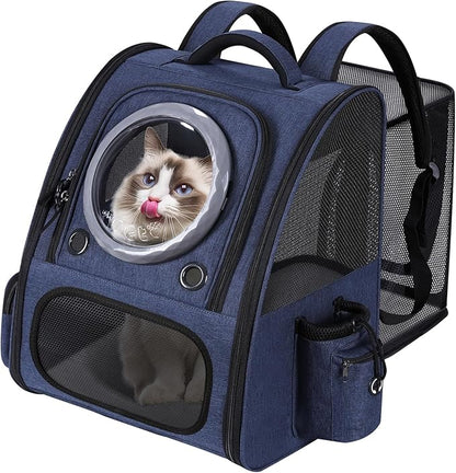 Extension Cat Carrier Backpack with Transparent Bubble Window,Dogs Backpack Carrier with Breathable Mesh Travel Bag, Portable Space Capsule Design with Foldable for Pets (Blue)