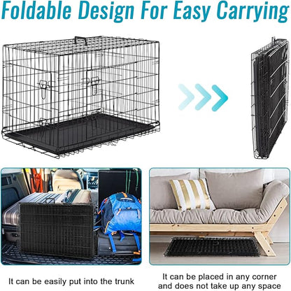 FDW Dog Crate for Small Dogs 24 Inch Folding Metal WirePet Cage Double Door W/Divider Panel Indoor Outdoor Kennel Leak-Proof Plastic Tray,Black