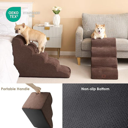 EHEYCIGA Curved Dog Stairs Ramp for High Beds 19.7" H, 4-Step Dog Steps for Small Dogs and Cats, Pet Stairs for High Bed Climbing, Non-Slip Balanced Pet Step Indoor, Brown