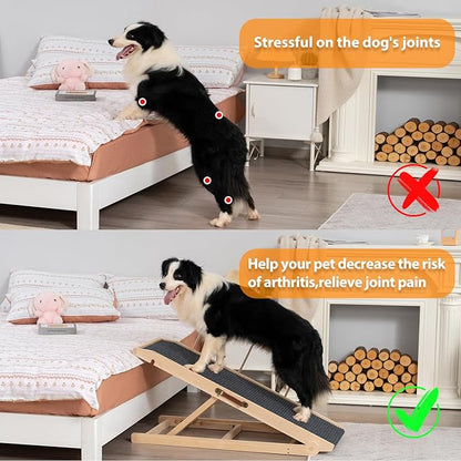 Dog Ramp for Bed Couch - Pet Steps Stairs to Get on Bed Couch 11.8"-19.6" High for Small or Large Dog Up to 200 lbs, Adjustable Wooden Dog Ramp Steps Foldable Portable, Anti-Slip Carpet (Brown)