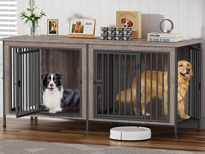 EasyCom 78 Inch Dog Cage Furniture for 2 Pets with Divider, XXL Wooden Double Dog Crate Furniture TV Stand for Mideum and Large Breed, Durable and Sturdy
