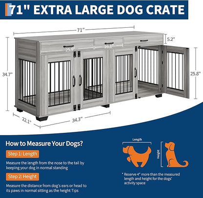 71 Inch Dog Crate Furniture for 2 Rooms, Wooden Double Crate Large Breed with Door, Dog Kennel Indoor, TV Stand End Table with Divider for Large Medium Dogs,Grey