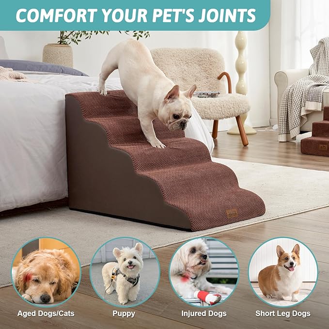 Extra Wide Dog Stairs 19.7" Width, Large Pet Step for Small Medium Dog, Puppy or Cat, Ramp for High Bed or Car, High Density Foam Ladder, Stable, 5 Step, 19.7x33x22.4 inch, Brown