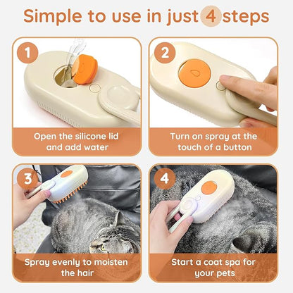 GKZ Cat Steam Brush, 3 in 1 Pet Comb for Massage, Cleaning, Shedding and Combing, Electric Mist to Prevent Flyaways for Home, Dogs and Cat Lovers - Khaki