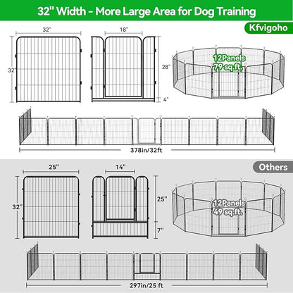 Dog Playpen Outdoor Extra Wide 12 Panels Heavy Duty Dog Fence 32" Height Anti-Rust with Doors Portable for RV Camping Yard, Total 32FT, 79 Sq.ft, Snowy Black