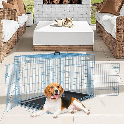 FDW Dog Crate for Medium Dogs 36 Inch Folding Metal WirePet Cage Double Door W/Divider Panel Indoor Outdoor Kennel Leak-Proof Plastic Tray,Blue