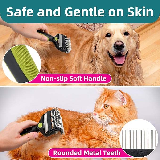 3-IN-1 Pet Grooming Tool - Undercoat Rake, Dematting Comb & Deshedding Brush for Cats & Dogs - Removes Mats, Tangles & Loose Fur, Reduces Shedding & Prevents Hair Mess (Green)