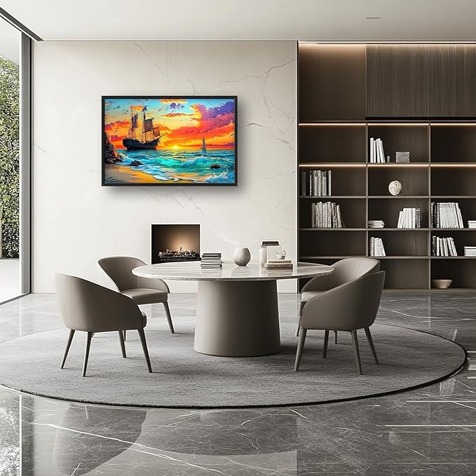 Framed Large Ship Wall Art for Living Room, Oversized Coastal Beach Boat Wall Decor Nautical Seascape Sailboat Canvas Painting Modern Artwork Home Decoration for Living Room Bedroom 36"x24"