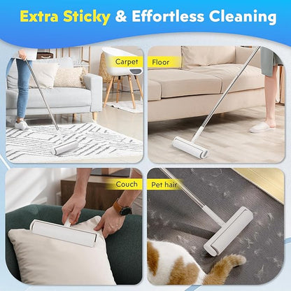 9.49'' Extra Sticky Large Lint Roller Refills, 4-Pack Giant Roller Refills for Carpets, Couch, Floor, Clothing, and Pet Hair Cleaning, 60 Sheets per Roll (240 Sheets Total)