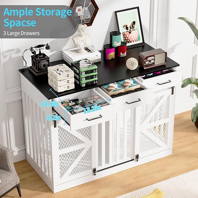 48'' Dog Crate Furniture with Divider&Storage Drawers, Wooden Double Dog Kennel Furniture End Table with Sliding Barn Doors, White Double Dog Crate TV Stand