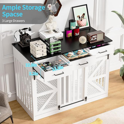 48'' Dog Crate Furniture with Divider&Storage Drawers, Wooden Double Dog Kennel Furniture End Table with Sliding Barn Doors, White Double Dog Crate TV Stand