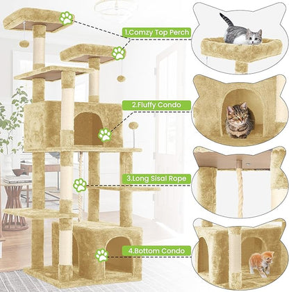 69in Large Cat Tree Tower for Indoor Cats with Soft Plush Hang Ball, Two Condos, Sisal Scratch Posts & Rope Play for Kittens/Adult Cats, Beige
