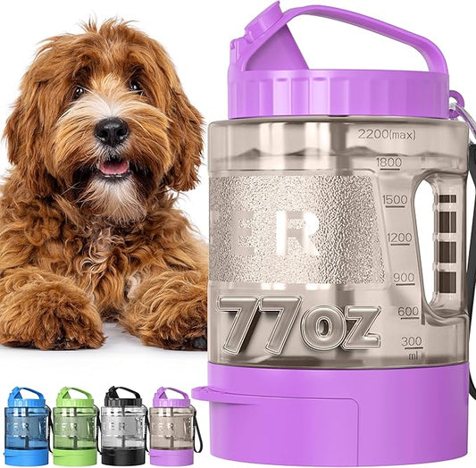 77oz Dog Travel Water Bottle, Large Portable Dog Water Bowl Dispenser, Leakproof Pet Drinking Bottle Dispenser for Hiking Camping Walking Travelling Beach Car Trips, No Spill, BPA Free,Purple