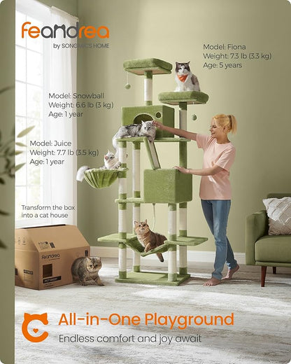 Feandrea Cat Tree, 81.1-Inch Large Cat Tower with 13 Scratching Posts, 2 Perches, 2 Caves, Basket, Hammock, Pompoms, Multi-Level Plush Cat Condo for Indoor Cats, Green UPCT190C01