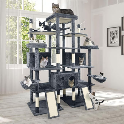 Extra Large 80-Inch Tall Cat Tree w/Widened Perch for Large Cats, Big Cat Tower Indoor, Modern Multi-Level Activity Tower with Scratching Posts, Condos, Baskets, Hammock, Scratching Ramps