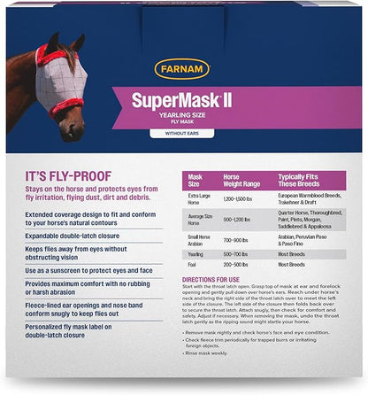 Farnam SuperMask II horse fly mask without ears, extended coverage, protects eyes from insects and debris, adjustable throat latch, Yearling size