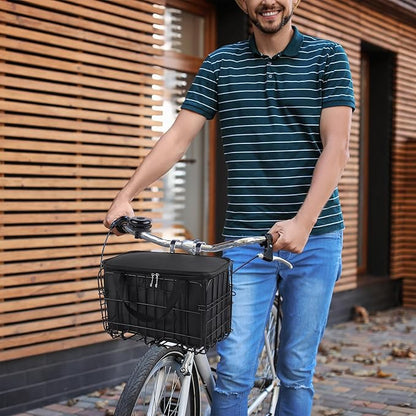 Aodaer Bike Basket with Removable Liner Bag Cargo Net Large Folding Bike Basket Quick Release Metal Ebike Basket Bicycle Storage Basket for Carrying Fruit & Grocery Pets Dogs