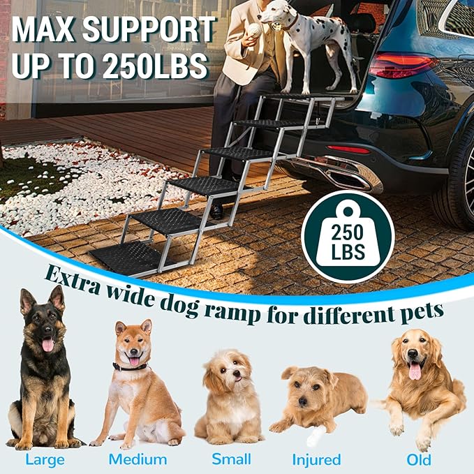 Extra Wide Dog Stairs for Large Dogs,Dog Ramps for Cars,Portable Folding Doggy Stairs for Cars,SUV,Trucks,Pet Ramp with Non-Slip Surface,Pet Steps Supports Up to 250 lb,6 Steps