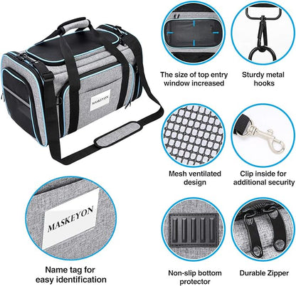 Airline Approved Pet Carrier, Large Soft Sided Pet Travel TSA Carrier 4 Sides Expandable Cat Collapsible Carriers with Removable Fleece Pad and Pockets for Cats Dogs and Small Animals